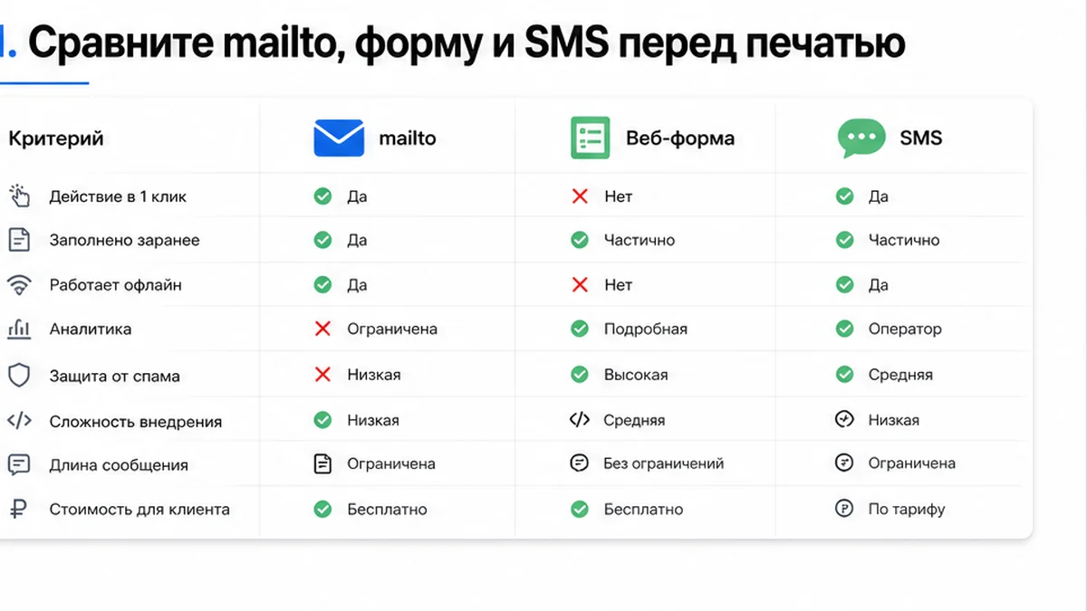 Таблица сравнения mailto, веб-формы и SMS перед печатью QR