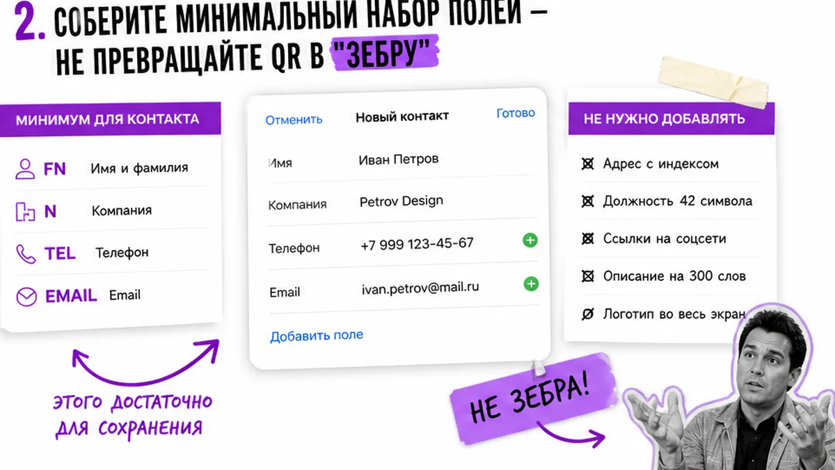 Минимальные поля vCard без перегруза QR