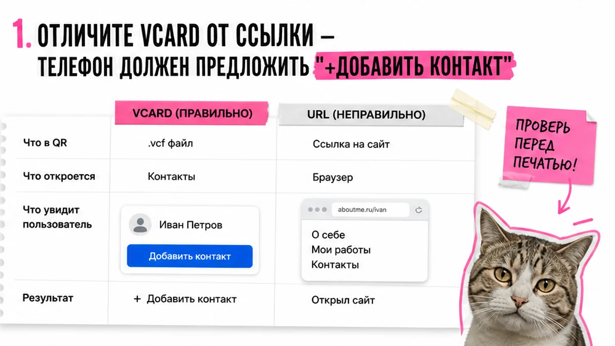 Сравнение vCard и QR-ссылки на визитке